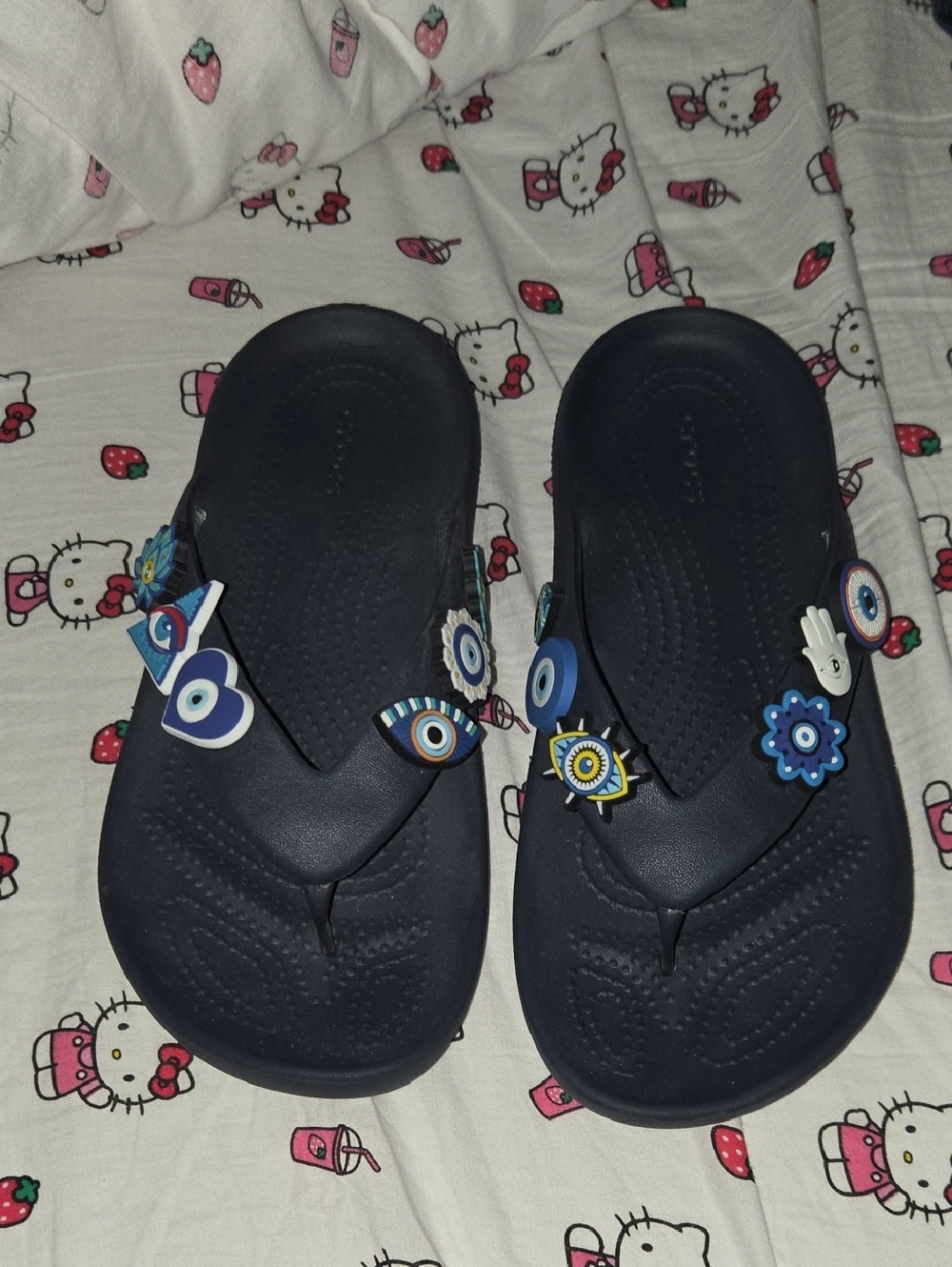 CROCS Navy Blue Flip Flops with Blue Charm Accents